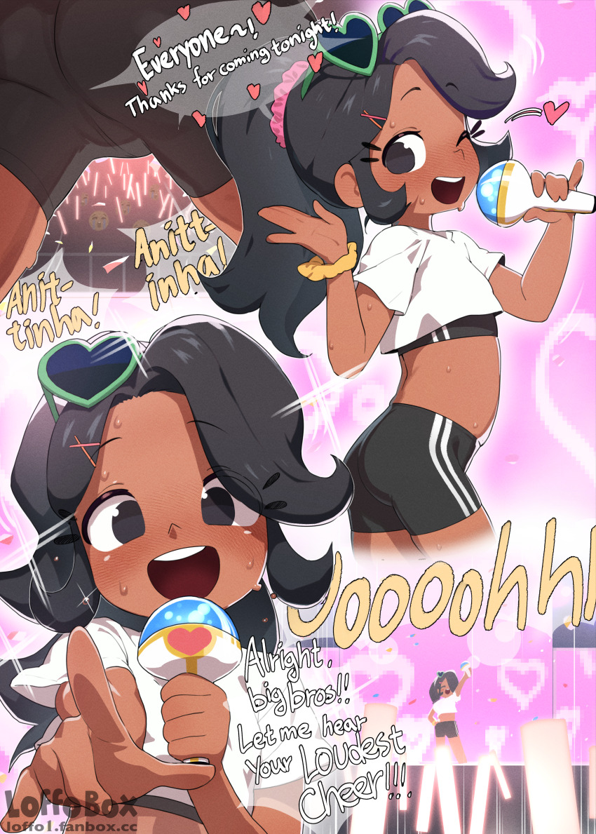 1girl absurdres anittinha anittinha&#039;s_club artist_name black_eyes black_hair black_shorts blush character_name commentary concert crop_top dark-skinned_female dark_skin english_commentary english_text eyewear_on_head forehead glowstick heart heart-shaped_eyewear heart_background highres holding holding_glowstick holding_microphone huge_filesize idol loffo loli meme microphone multiple_views one_eye_closed open_mouth paid_reward_available pointing pointing_at_viewer ponytail scrunchie shirt short_sleeves shorts smile sparkle speech_bubble spoken_heart sweat uohhhhhhhhh!_(meme) watermark white_shirt wrist_scrunchie yellow_scrunchie