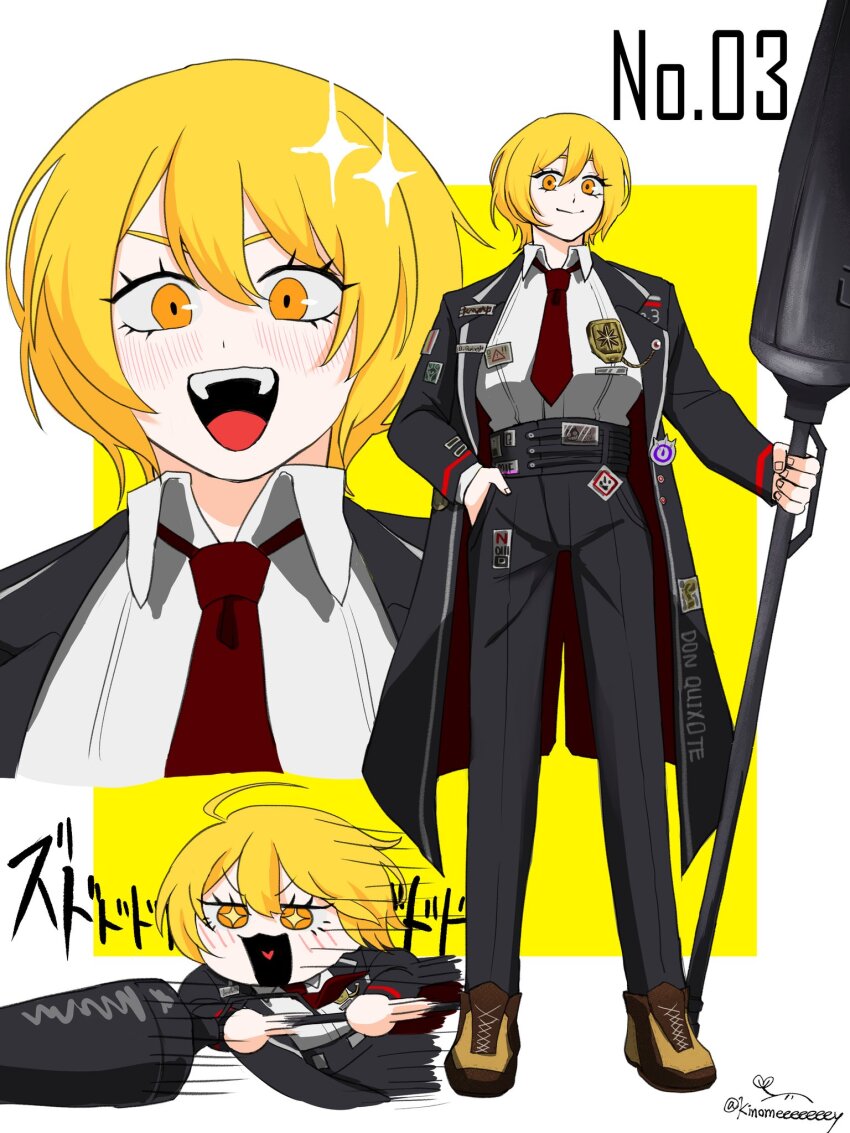 +_+ 1girl artist_name badge blonde_hair blush character_name don_quixote_(project_moon) english_text hand_in_pocket highres holding holding_polearm holding_weapon jacket kinomeeeeeeey lance limbus_company looking_at_viewer motion_lines necktie open_clothes open_jacket open_mouth pin polearm project_moon shirt shirt_tucked_in short_hair solo sparkle twitter_username weapon white_shirt