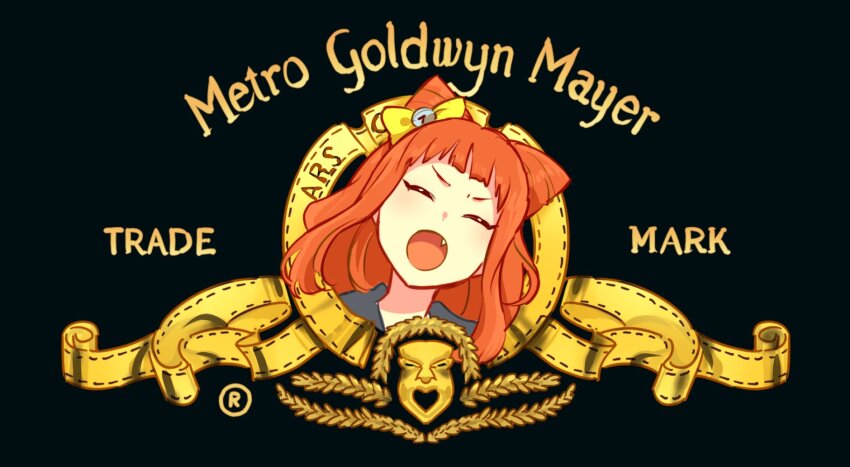1girl :o aikatsu!_(series) aikatsu_stars! bad_id bad_twitter_id black_background blunt_bangs bow closed_eyes cone_hair_bun double_bun facing_viewer fang furrowed_brow hair_bow hair_bun highres long_hair metro-goldwyn-mayer open_mouth orange_hair parody saotome_ako shiontaso solo upper_body yellow_bow