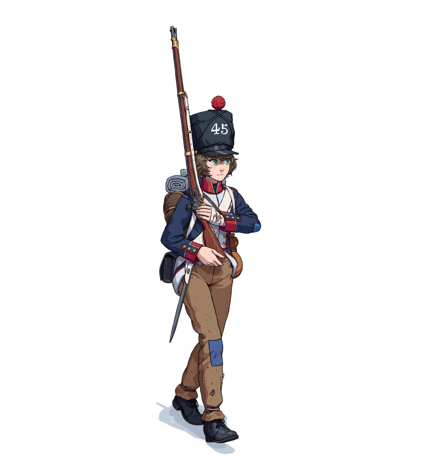 1girl absurdres ammunition_pouch antique_firearm artist_logo backpack bag bandaged_hand bandages bayonet bedroll belt black_boots blue_coat blush boots brown_hair brown_pants buttons canteen closed_mouth coat coattails commentary english_commentary firearm firelock flintlock france french_army french_clothes full_body green_eyes gun gun_sling hair_between_eyes hat highres holding holding_gun holding_weapon lace-up_boots line_infantry logo long_sleeves military military_hat military_uniform musket napoleonic_wars original ostwindprojekt pants plume pouch red_trim shadow shako_cap short_hair shoulder_belt shoulder_boards simple_background soldier solo standing weapon white_background white_belt white_trim