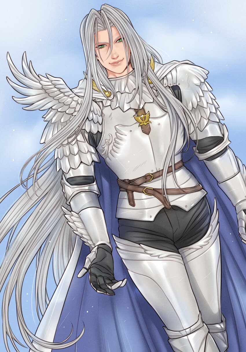 1boy aqua_eyes armor berserk black_gloves blue_background blue_cape breastplate cape closed_mouth cosplay cowboy_shot crylin6 final_fantasy final_fantasy_vii gloves gorget grey_hair griffith_(berserk) griffith_(berserk)_(cosplay) hair_between_eyes highres long_bangs long_hair male_focus parted_bangs rerebrace sephiroth single_wing smile solo two-sided_cape two-sided_fabric vambraces white_cape wings