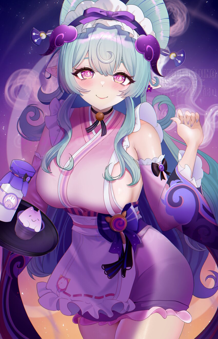 1girl absurdres apron black_bow blue_hair blush bow breasts closed_mouth commentary_request detached_sleeves fingernails frilled_apron frilled_hairband frills gem genshin_impact hair_between_eyes hairband hand_up highres holding holding_tray japanese_clothes kimono large_breasts long_hair long_sleeves looking_at_viewer maid maid_headdress nail_polish nihongami pink_kimono purple_eyes purple_gemstone purple_nails purple_sleeves sideboob sleeveless sleeveless_kimono smile solo symbol-shaped_pupils tray very_long_hair wakya white_apron white_hairband yumemizuki_mizuki