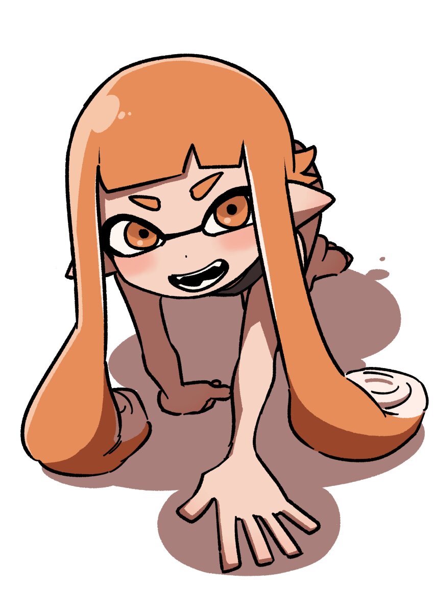 1girl :d absurdres all_fours blush commentary highres inkling inkling_girl inkling_player_character long_hair looking_at_viewer nintendo open_mouth pointy_ears shiromanta simple_background smile solo splatoon_(series) splatoon_1 tentacle_hair white_background