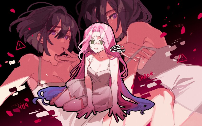2024 2girls 404 alien_stage bare_shoulders blue_hair breasts cleavage commentary crying crying_with_eyes_open dress english_commentary error_message highres http_status_code long_hair luminarun mizi_(alien_stage) multicolored_hair multiple_girls pink_hair red_background sign signature sitting sleeveless sleeveless_dress strap_slip sua_(alien_stage) tears two-tone_hair very_long_hair warning_sign white_dress