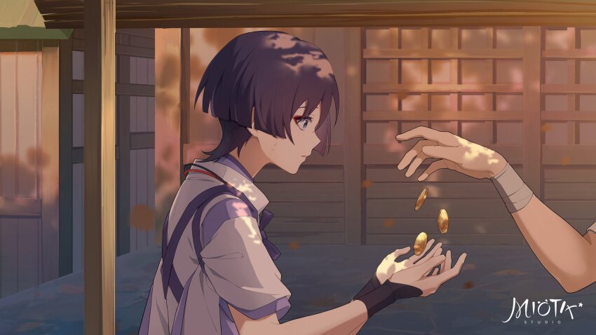 2boys artist_logo black_hair blunt_ends chinese_commentary coin dappled_sunlight darkcatowo detached_sleeves eyeshadow genshin_impact highres logo makeup male_focus mora_(genshin_impact) multiple_boys niwa_(genshin_impact) out_of_frame parted_lips red_eyeshadow scaramouche_(genshin_impact) scaramouche_(kabukimono)_(genshin_impact) short_hair sunlight upper_body