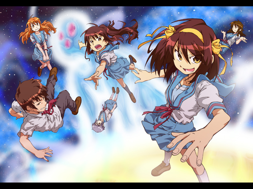 00s 1boy 5girls asahina_mikuru brown_eyes brown_hair celestial_(haruhi) celestial_(suzumiya_haruhi) dual_persona genderswap genderswap_(mtf) hairband highres koizumi_itsuki_(female) kyon kyonko letterboxed long_hair multiple_girls nagato_yuki ponytail purple_hair school_uniform serafuku short_hair shun_(rokudena-shi) suzumiya_haruhi suzumiya_haruhi_no_yuuutsu yellow_eyes