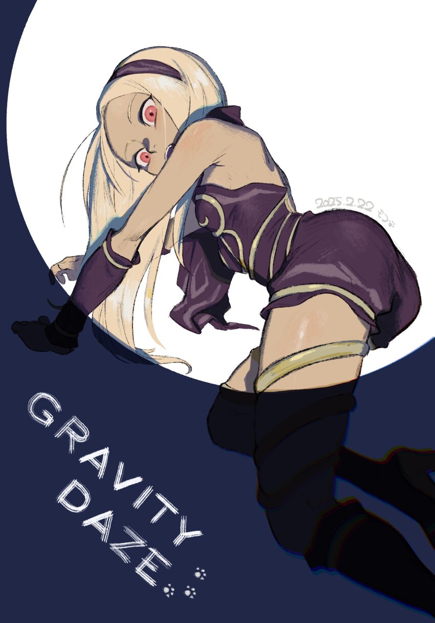 1girl bare_shoulders black_bodysuit blonde_hair bodysuit boots dark-skinned_female dark_skin gravity_daze high_heel_boots high_heels highres kitten_(gravity_daze) long_hair mossan351 red_eyes solo