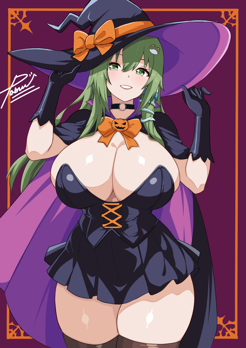 1girl absurdres black_dress black_gloves breasts choker cleavage dress gloves halloween hat highres huge_breasts jack-o&#039;-lantern kochiya_sanae pamu_art short_dress skindentation solo thick_thighs thighhighs thighs touhou witch witch_hat