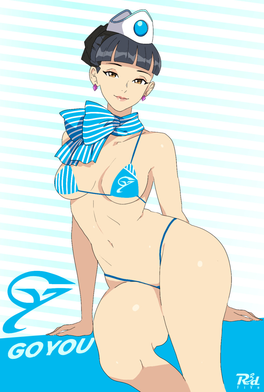 1girl ace_attorney ace_attorney_investigations ace_attorney_investigations:_miles_edgeworth bikini black_hair blue_bikini blue_scarf breasts brown_eyes earrings flight_attendant hat highres jewelry looking_at_viewer medium_breasts navel r3dfive rhoda_teneiro scarf short_hair solo striped_background striped_clothes striped_scarf swimsuit travel_attendant white_hat
