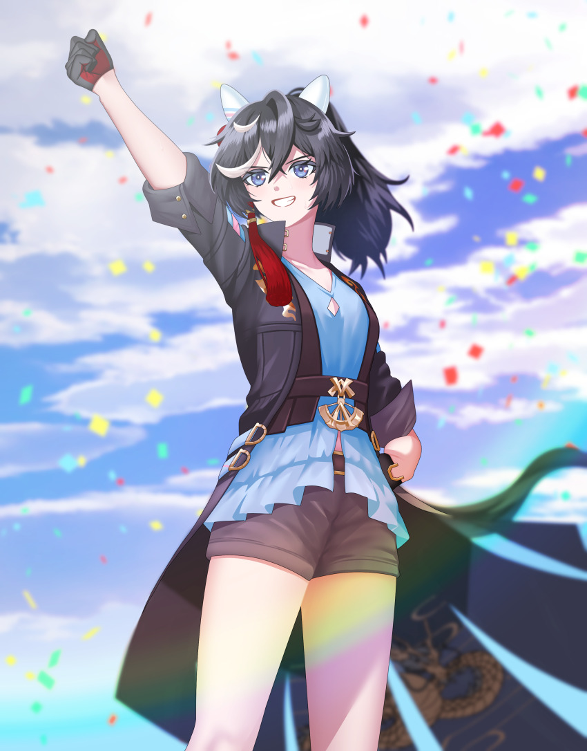 1girl absurdres animal_ears arm_up bbreaad black_coat black_gloves black_hair black_jacket black_shorts blue_eyes blue_shirt blue_sky breasts clenched_hand cloud coat confetti ear_covers gloves grin hair_between_eyes hair_ornament highres horse_ears horse_girl horse_tail jacket katsuragi_ace_(dragon_rising_to_the_top)_(umamusume) katsuragi_ace_(umamusume) long_hair long_sleeves multicolored_hair open_mouth outdoors ponytail shirt shorts sky smile solo streaked_hair tail tassel tassel_hair_ornament teeth two-tone_gloves umamusume white_hair
