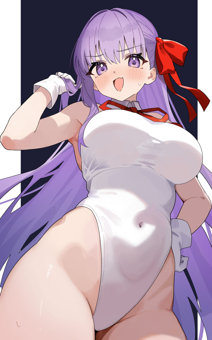 1girl absurdres bare_shoulders bb_(fate) bb_(swimsuit_mooncancer)_(third_ascension)_(fate) blush breasts coco_irasuto collared_leotard commission covered_navel fate/extra fate/extra_ccc fate/grand_order fate_(series) gloves hair_ribbon highleg highleg_leotard highres large_breasts leotard long_hair looking_at_viewer open_mouth pixiv_commission purple_eyes purple_hair red_ribbon ribbon smile solo thighs very_long_hair white_gloves white_leotard