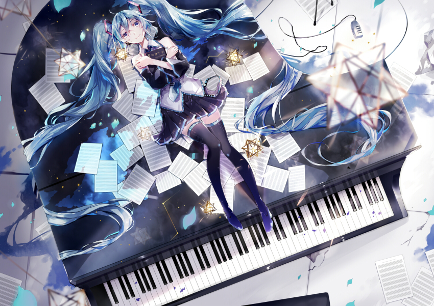 1girl aqua_eyes aqua_hair artist_request black_boots black_skirt black_thighhighs blue_eyes blue_hair blue_necktie blush boots detached_sleeves female_focus full_body hair_ornament hatsune_miku headphones headset heart instrument long_hair looking_at_viewer mamenomoto necktie piano pleated_skirt shirt skirt sleeveless sleeveless_shirt smile solo thighhighs twintails very_long_hair vocaloid white_shirt