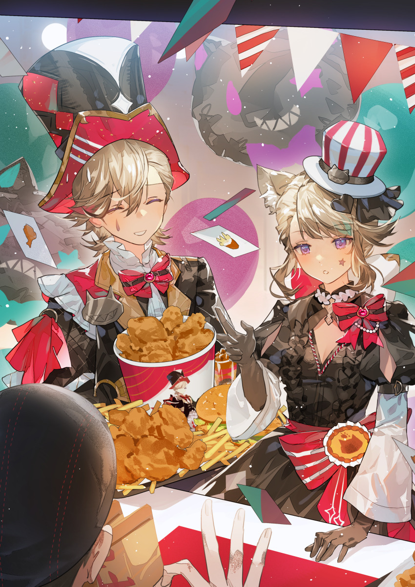 1boy 1girl 1other absurdres animal_ear_fluff animal_ears balloon black_dress black_gloves black_hat bow bowtie brown_hair bucket_of_chicken cat_ears cat_girl chicken_(food) chicken_sandwich closed_eyes dress elbow_gloves facial_mark floating_card food french_fries fried_chicken genshin_impact gloves hair_between_eyes hair_ornament hand_up hat heart heart_hair_ornament highres juliet_sleeves kfc long_sleeves looking_at_another lynette_(genshin_impact) lynette_(kfc)_(genshin_impact) lyney_(genshin_impact) lyney_(kfc)_(genshin_impact) medium_hair mini_hat mini_top_hat nervous_smile open_mouth puffy_sleeves purple_eyes red_bow red_bowtie smile star_(symbol) star_facial_mark striped_bow striped_bowtie striped_clothes teardrop_facial_mark top_hat tray waist_bow white_hat wide_sleeves zishengtian123