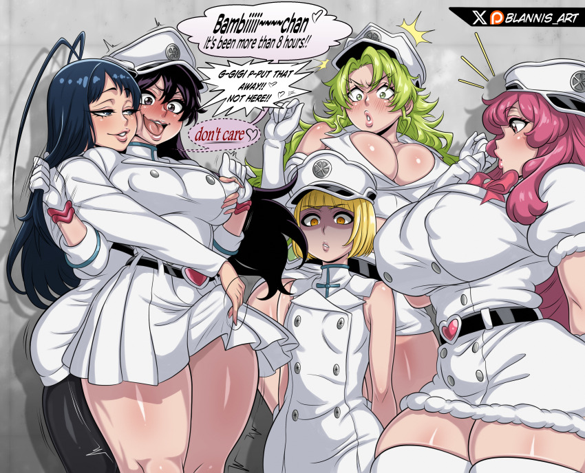 1boy 4girls annoyed antenna_hair arms_behind_back artist_name bambietta_basterbine bare_shoulders black_eyes black_hair blannis blazer bleach bleach:_sennen_kessen-hen blonde_hair blue_eyes blue_hair blush breasts bulge candice_catnipp cleavage clenched_teeth coat constricted_pupils covered_erect_nipples cowboy_shot cropped_jacket dress elbow_gloves embarrassed empty_eyes english_text erection erection_under_clothes eyelashes feet_up flat_chest full-face_blush giselle_gewelle gloves grabbing_another&#039;s_breast grabbing_from_behind green_eyes green_hair groping half-closed_eyes hands_up hat hetero huge_breasts jacket large_breasts liltotto_lamperd long_hair long_sleeves looking_at_another looking_at_penis looking_down matching_hair/eyes meninas_mcallon military_hat multiple_girls naughty_face nervous nervous_smile open_mouth parted_lips petite pink_eyes pink_hair plaid_clothes plaid_skirt quincy_(bleach) scared short_hair skirt sleeveless sleeveless_coat sleeveless_jacket smile speech_bubble standing sternritter surprised tall_female teeth thick_thighs thigh_sex thighs tongue trap trap_on_female turn_pale upper_teeth_only wavy_mouth white_coat white_dress white_gloves white_hat white_jacket white_skirt wide_hips yellow_eyes