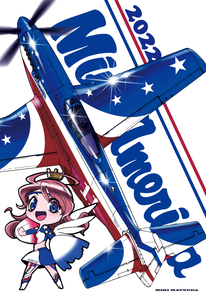 1girl 2022 ahoge aircraft airplane american_flag american_flag_print american_flag_shirt artist_name blue_headband blue_skirt brown_hair canopy_(aircraft) chibi chibi_inset crown fang fighter_jet flag_print from_above headband highres holding holding_pom_poms long_hair matsuda_miki military military_vehicle p-51_mustang personification pom_pom_(cheerleading) pom_poms print_shirt propeller_fighter real_life shirt skirt sparkle vehicle_and_personification vehicle_focus white_skirt
