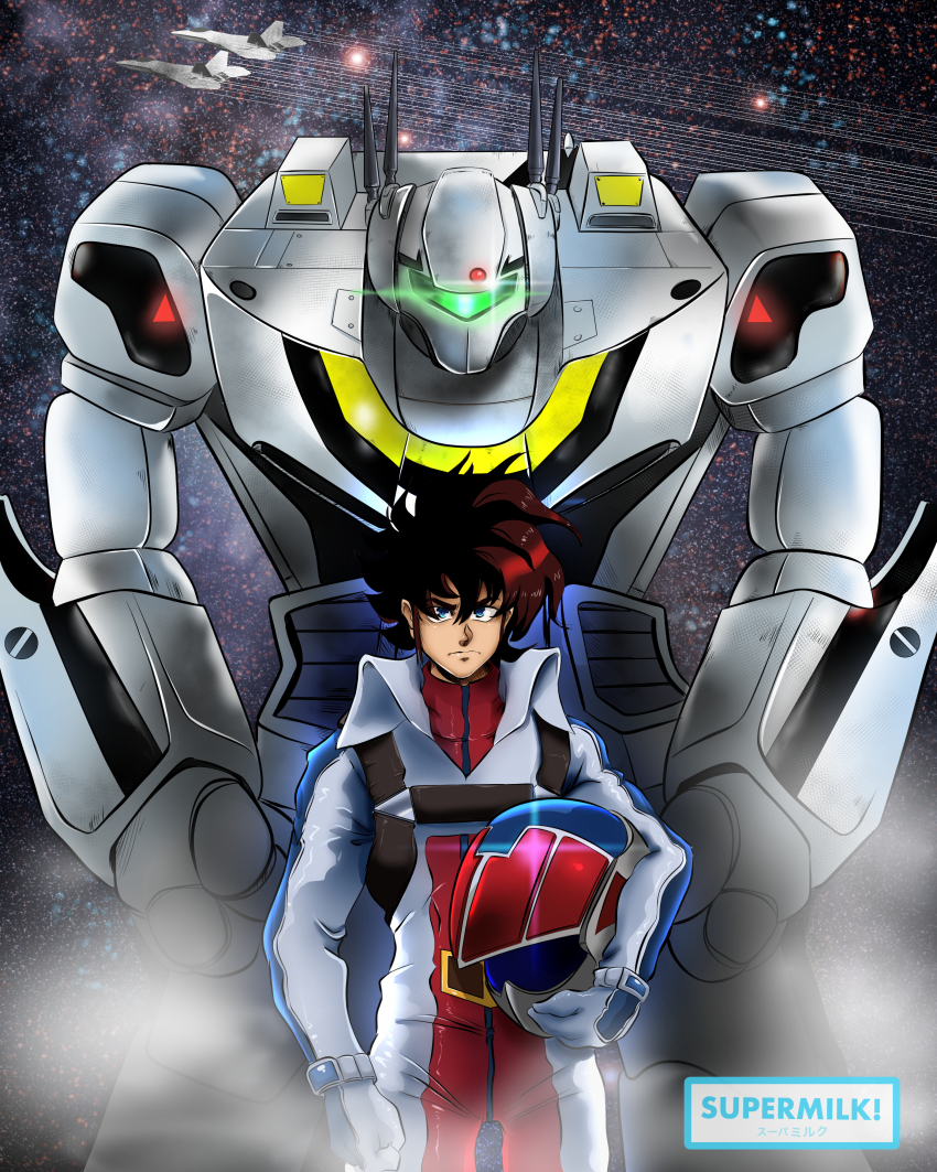 1boy absurdres battroid blue_eyes brown_hair choujikuu_yousai_macross commentary english_commentary flying glint gloves helmet highres holding holding_helmet ichijou_hikaru ink_(medium) lens_flare looking_at_viewer macross mecha photoshop_(medium) pilot pilot_suit rick_hunter robot robotech scan science_fiction serious signature space_helmet spacesuit spiked_hair star_(symbol) star_symbol_background traditional_media u.n._spacy upper_body variable_fighter vf-1 vf-1s