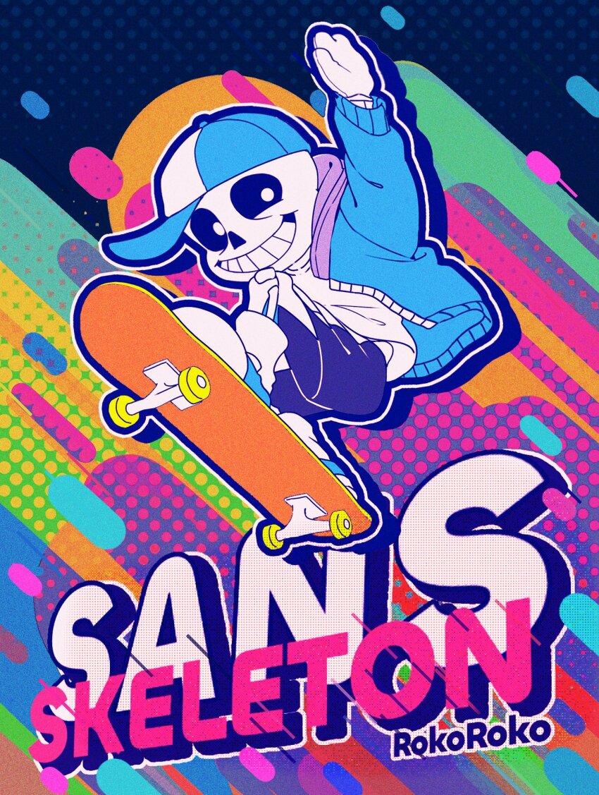 1boy baseball_cap blue_hat character_name english_text grin hat highres hollow_eyes korokor59513559 male_focus sans_(undertale) skating skeleton smile solo teeth undertale white_eyes