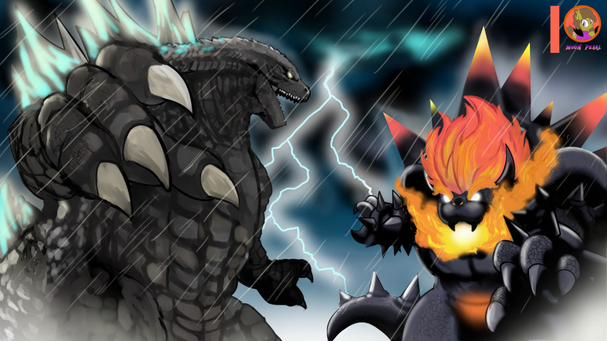 artist_logo artist_name bad_id bad_pixiv_id bowser breath_weapon breathing_fire crossover dinosaur dragon english_text fire fury_bowser godzilla godzilla_(series) highres kaiju koopa lightning lightning_bolt_symbol logo mario_(series) nintendo rain succubi_samus super_mario_3d_world toho turtle