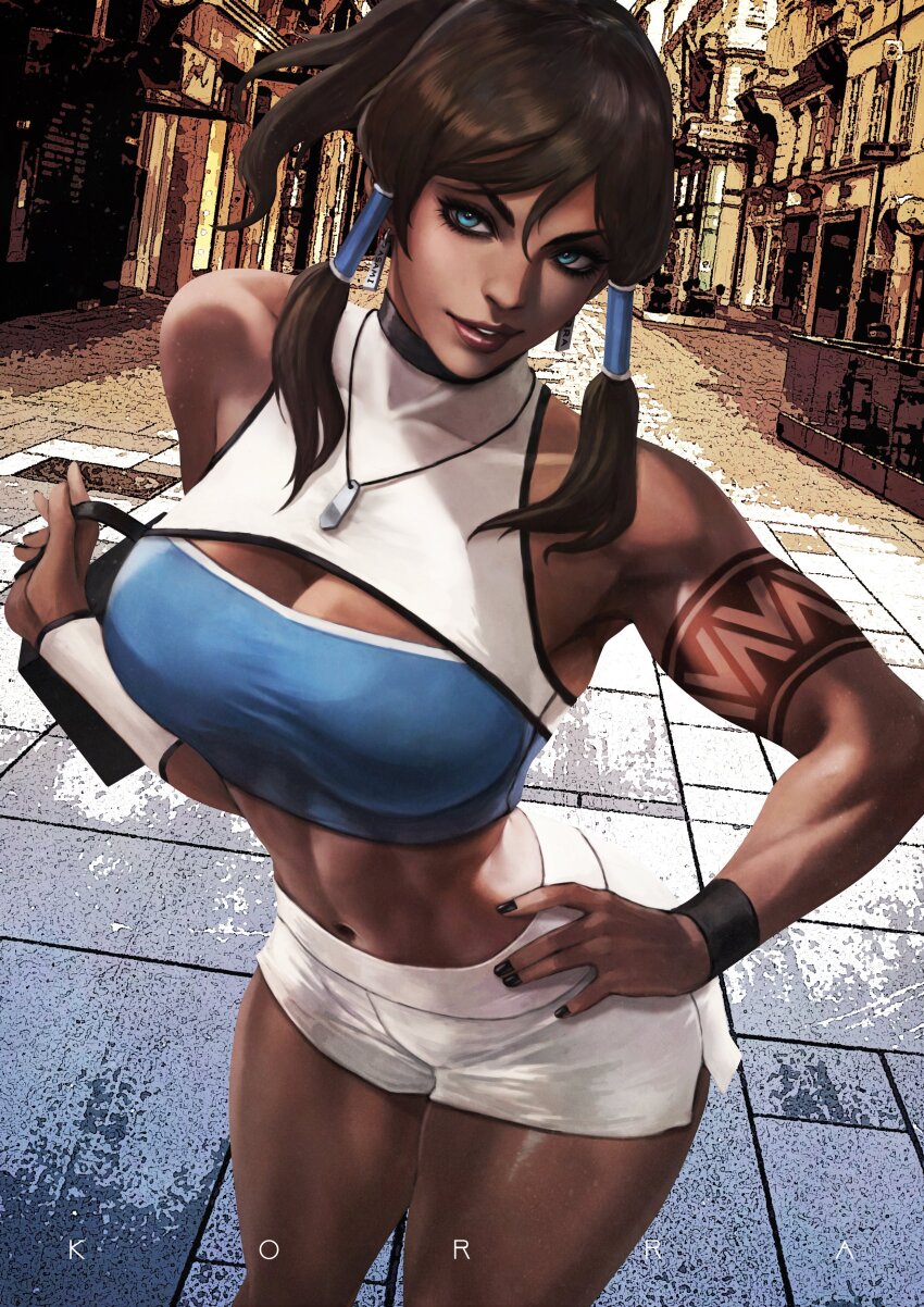 1girl absurdres arm_tattoo avatar_legends blue_eyes breasts brown_hair center_opening cleavage cleavage_cutout clothing_cutout dark-skinned_female dark_skin hand_on_own_hip highres korra midriff monori_rogue navel parted_lips shorts sideways_glance solo standing tattoo the_legend_of_korra