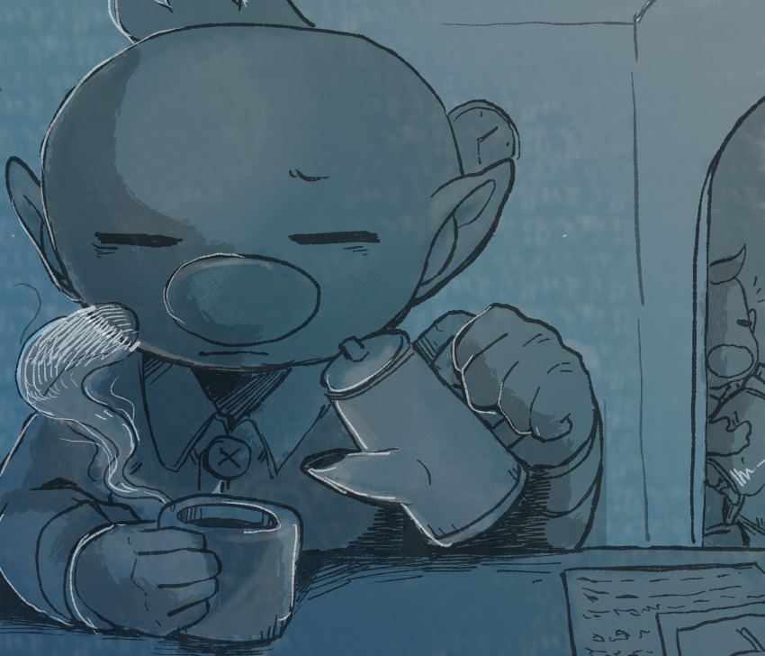 2boys alternate_costume analog_clock arch arm_on_table bags_under_eyes big_nose blue_theme buttons casual clock closed_eyes closed_mouth collared_shirt cup doorway frown full_body furrowed_brow highres holding holding_cup iat-418 indoors long_sleeves louie_(pikmin) male_focus monochrome mug multiple_boys nintendo notice_lines olimar pants paper pikmin_(series) pointy_ears pouring shirt shoes short_hair sitting solo_focus steam teapot upper_body very_short_hair worried