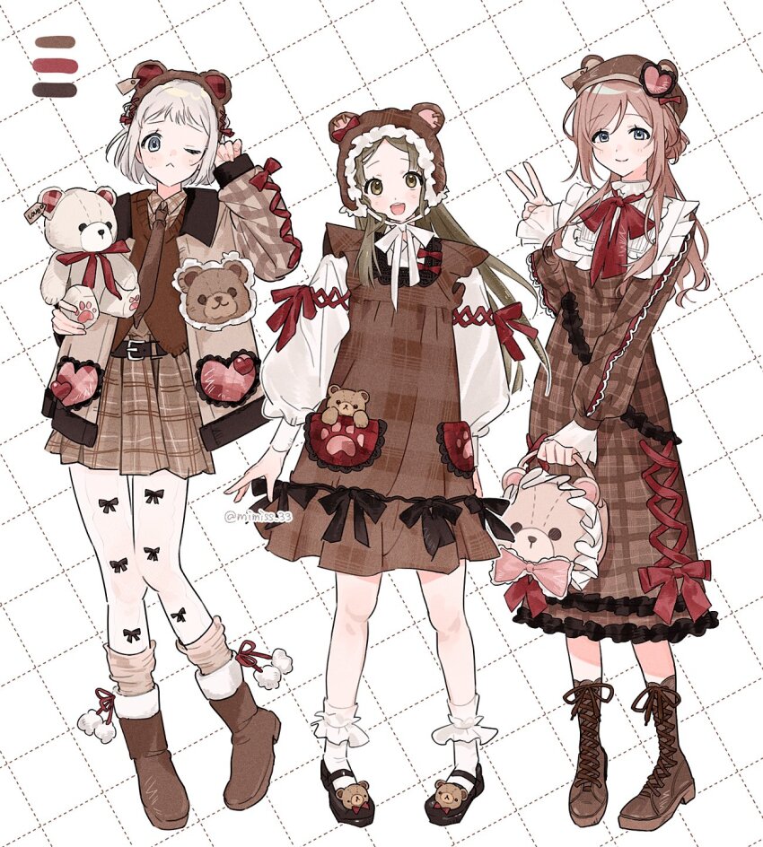3girls alternate_costume ankle_boots bag belt beret blue_eyes boots brown_dress brown_eyes brown_hair brown_skirt commentary cross-laced_clothes dress frilled_dress frills full_body gakuen_idolmaster handbag hat highres himesaki_rinami idolmaster jacket katsuragi_lilja knee_boots kuramoto_china leg_warmers long_hair long_sleeves looking_at_viewer mary_janes mimiss_33 multiple_girls one_eye_closed pantyhose plaid_clothes plaid_dress plaid_skirt pleated_skirt puffy_long_sleeves puffy_sleeves red_ribbon ribbon shoes short_hair skirt smile stuffed_animal stuffed_toy symbol-only_commentary teddy_bear v white_hair white_pantyhose
