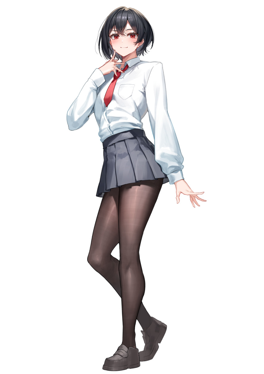 1girl black_hair black_pantyhose finger_to_cheek highres light_blush looking_at_viewer necktie original pantyhose pleated_skirt red_eyes red_necktie shirt short_hair skirt smile solo white_background white_shirt yamanokami_eaka