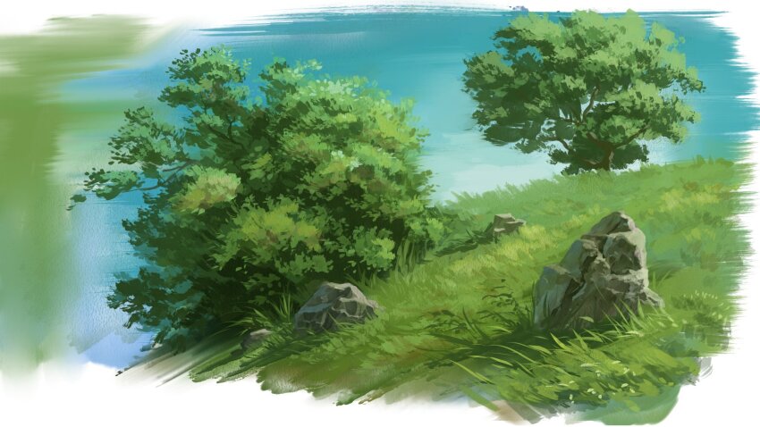 blue_sky bush commentary_request haru_(chki8699) highres nature no_humans original rock scenery sky tree
