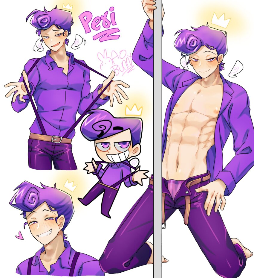 1boy abs animification bare_shoulders barefoot belt brown_belt character_name commentary_request crown detached_wings fairy_wings grin heart highres kneeling male_focus male_underwear mao_bunny mini_crown open_clothes open_fly open_shirt pants peri_(fairly_oddparents) pole pompadour purple_eyes purple_male_underwear purple_pants purple_shirt shirt signature smile spanish_commentary suspenders_pull the_fairly_oddparents toned toned_male underwear wings