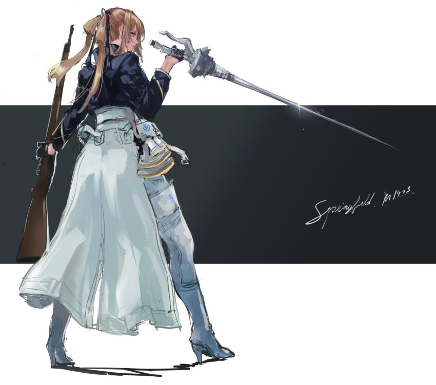 1girl :| black_background black_gloves blue_jacket bolt_action boots brown_hair character_name closed_mouth collared_jacket commentary cropped_jacket explosive expressionless floating_hair from_behind full_body girls&#039;_frontline girls&#039;_frontline_2:_exilium glint gloves green_eyes grenade gun hair_ribbon half_gloves high_heel_boots high_heels holding holding_gun holding_sword holding_weapon jacket letterboxed long_hair long_skirt long_sleeves looking_to_the_side m1903_springfield osakana_(denpa_yun&#039;yun) pants profile ribbon rifle simple_background skirt solo springfield_(girls&#039;_frontline) standing sword symbol-only_commentary thigh_boots twintails weapon white_boots white_pants white_skirt