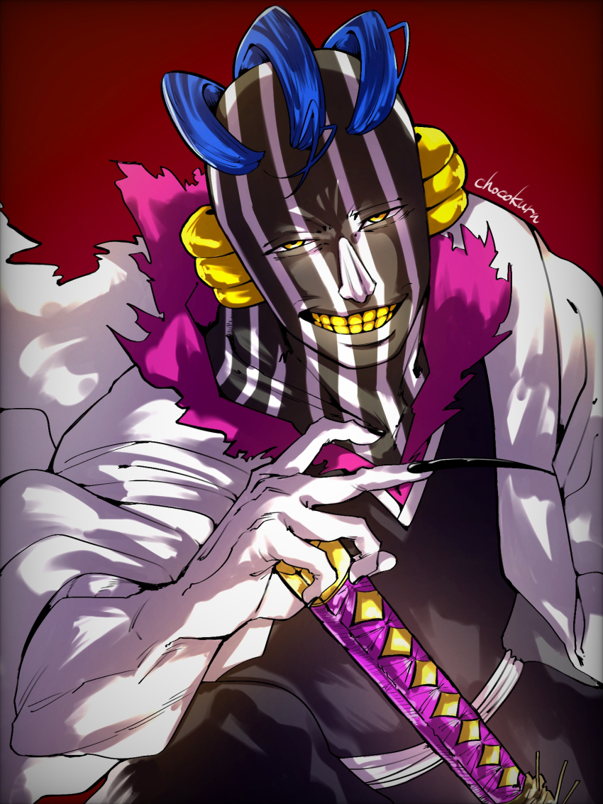 1boy :d artist_name black_kimono black_nails bleach bleach:_sennen_kessen-hen blue_hair chocokuru_(pikupikupikuminn) colored_skin colored_teeth commentary_request cowboy_shot evil_grin evil_smile fingernails grin hand_up haori highres holding holding_sword holding_weapon japanese_clothes katana kimono kurotsuchi_mayuri long_fingernails looking_at_viewer makeup male_focus nail_polish nose open_mouth red_background short_hair simple_background smile solo sword taichou_haori tsurime weapon white_skin yellow_eyes yellow_teeth