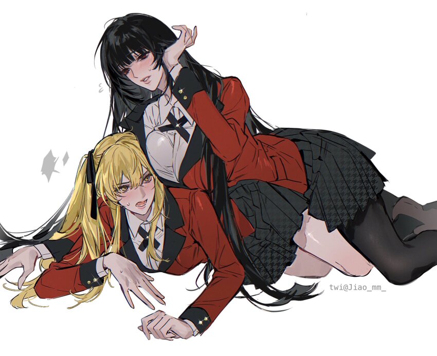 2girls black_hair black_pantyhose black_ribbon black_skirt blonde_hair blush breast_press girl_on_top hair_ribbon highres hyakkaou_academy_school_uniform jabami_yumeko jacket kakegurui long_hair m_omoo multiple_girls pantyhose red_eyes red_jacket ribbon saotome_mary school_uniform shirt skirt twintails twitter_username very_long_hair white_shirt yellow_eyes yuri