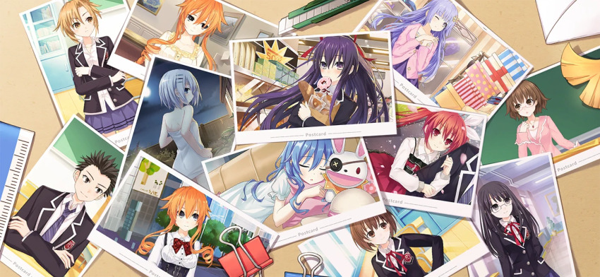 1boy 6+girls black_hair black_jacket blue_eyes blue_hair boxcutter breasts brown_hair date_a_live date_a_live:_spirit_pledge game_cg hair_between_eyes hair_ribbon himekawa_yoshino itsuka_kotori izayoi_miku jacket long_hair looking_at_viewer medium_breasts multiple_girls official_art open_mouth orange_hair photo_(object) purple_eyes purple_hair raizen_high_school_uniform red_eyes red_hair ribbon ruler school_uniform spiked_hair third-party_source tobiichi_origami yamai_kaguya yamai_yuzuru yatogami_tohka yoshinon