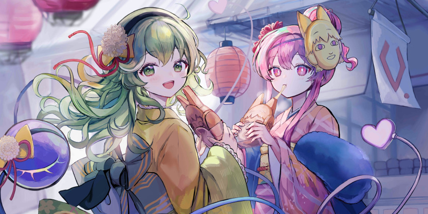 2girls :d alternate_costume black_hairband commentary daifuku eating english_commentary expressionless food food_request green_eyes green_hair hair_bun hairband hata_no_kokoro highres holding holding_food japanese_clothes kimono komeiji_koishi lantern long_hair long_sleeves looking_at_viewer looking_back mask mask_on_head multiple_girls new_mask_of_hope obi official_art open_mouth paper_lantern pink_eyes pink_hair pink_kimono pipi_(pipinavigation) sash sidelocks smile taiyaki third-party_source third_eye touhou touhou_lostword upper_body wagashi wide_sleeves yellow_kimono
