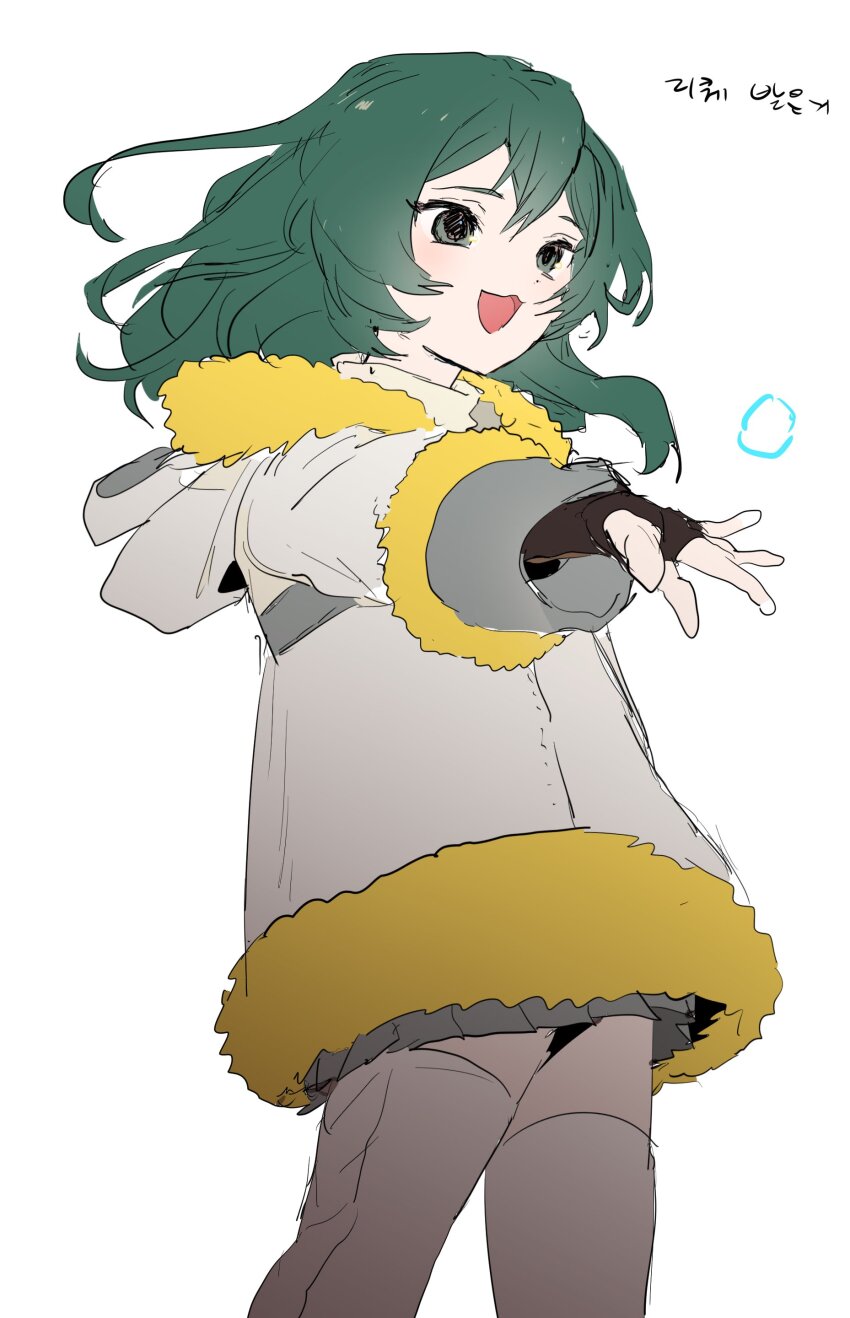 1girl absurdres fingerless_gloves gloves green_eyes green_hair hand_up happy highres hood long_hair lt_unicorn mabinogi miniskirt skirt smile tanilliem_(mabinogi) thighhighs