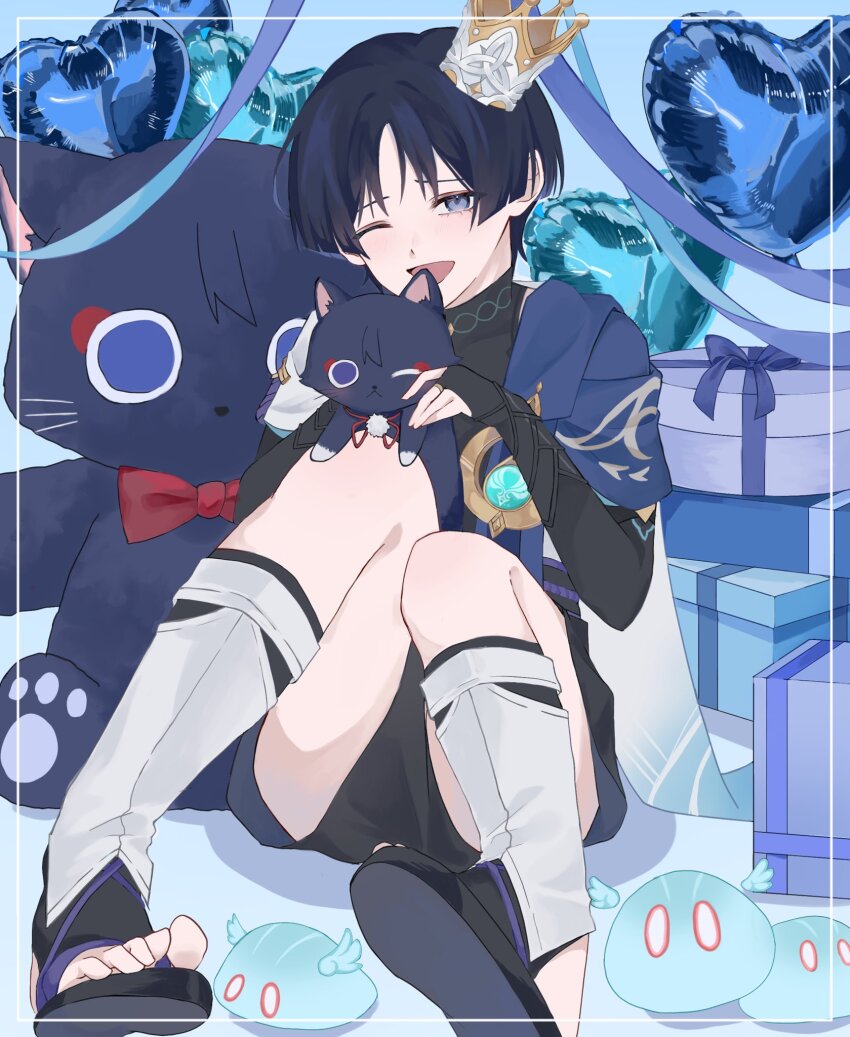 1boy anemo_slime_(genshin_impact) anemo_symbol_(genshin_impact) animal animal_on_lap aqua_sleeves armor balloon black_bodysuit black_hair black_socks blue_cape blunt_ends bodysuit bow bowtie bridal_gauntlets bright_pupils cape cat cat_on_lap crown genshin_impact gift gold gold_crown gold_ring grey_eyes hair_intakes heart_balloon highres holding holding_stuffed_toy japanese_armor knees_together_feet_apart kote kurokote layered_sleeves leg_warmers male_focus middle_ring o_ov13s on_lap one_eye_closed open_mouth parted_bangs red_bow red_bowtie sandals scaramouche_(cat)_(genshin_impact) scaramouche_(genshin_impact) short_sleeves sitting slime_(genshin_impact) socks stuffed_animal stuffed_toy toes vision_(genshin_impact) wanderer_(genshin_impact) white_leg_warmers white_pupils white_sleeves white_trim zouri