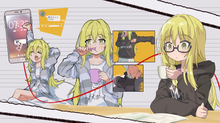 1girl alternate_costume black-framed_eyewear black_hoodie blonde_hair blush braid brushing_teeth closed_mouth commentary cookie_(touhou) cup english_commentary glasses grey_hoodie highres holding holding_cup holding_toothbrush hood hood_down hoodie kirisame_marisa long_hair multiple_views mushroomsucy open_mouth semi-rimless_eyewear shirt side_braid single_braid t-shirt table toothbrush toothbrush_in_mouth under-rim_eyewear upper_body uzuki_(cookie) waking_up white_background white_shirt yawning yellow_eyes