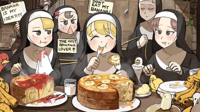 5girls :t ^_^ ant banana bird blonde_hair brown_eyes brown_hair bug cake chicken chili_pepper closed_eyes clumsy_nun_(diva) commentary cup diva_(hyxpk) drinking_glass drooling duck duckling eating empty_plate english_commentary english_text food food_on_face fork frog_headband froggy_nun_(diva) fruit handkerchief hanging_plant highres holding holding_fork holding_rope holding_sign hungry_nun_(diva) insect ladle letter little_nuns_(diva) milk multiple_girls nervous_sweating nun ostrich plate plate_stack poster_(object) red_eyes red_hair rope shaded_face shadow sign sign_around_neck slice_of_life spicy_nun_(diva) star_(symbol) star_nun_(diva) steam sticker sweat sweatdrop traditional_nun triangle_mouth yellow_eyes