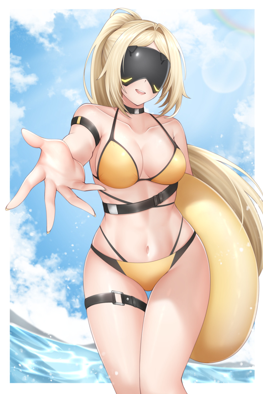 1girl absurdres bare_shoulders belt bikini black_choker blonde_hair blue_sky border breasts choker cleavage collarbone commentary english_commentary eye_mask highres holding holding_swim_ring innertube large_breasts long_hair navel ocean outdoors parted_lips ponytail popcornflakes reaching reaching_towards_viewer sky solo stomach swim_ring swimsuit thigh_belt thigh_strap thighs trigger_(zenless_zone_zero) white_border yellow_bikini yellow_innertube zenless_zone_zero