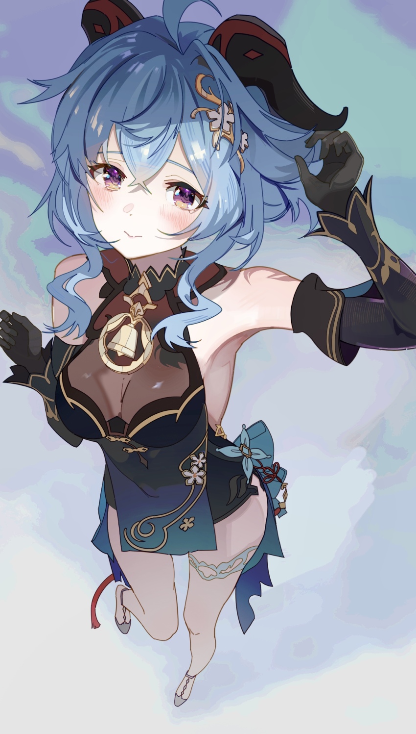 1girl absurdres adjusting_hair ahoge arm_up armpit_crease bare_shoulders bell black_dress black_gloves blue_dress blue_hair breasts cleavage commentary detached_sleeves dress from_above full_body ganyu_(genshin_impact) ganyu_(twilight_blossom)_(genshin_impact) genshin_impact gloves gradient_clothes gradient_dress hair_ornament highres horns long_hair looking_at_viewer medium_breasts neck_bell nutchair official_alternate_costume official_alternate_hairstyle purple_eyes see-through_cleavage see-through_clothes sideless_dress sidelocks smile solo symbol-only_commentary