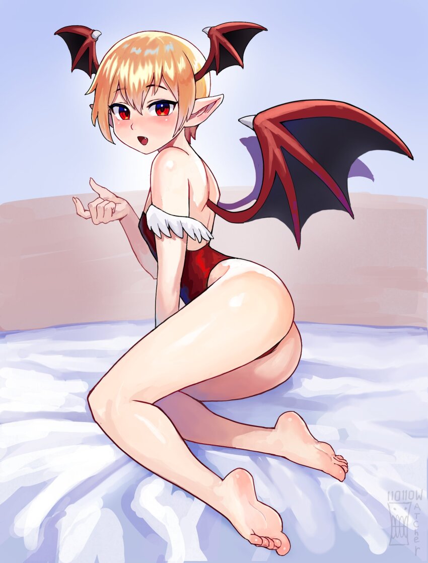 1girl absurdres alternate_hair_color ass bare_shoulders barefoot blonde_hair blush breasts darkstalkers demon_girl demon_wings fang head_wings highres leotard lilith_(darkstalkers) looking_at_viewer open_mouth red_eyes red_leotard short_hair small_breasts smile solo watcher_hollow wings