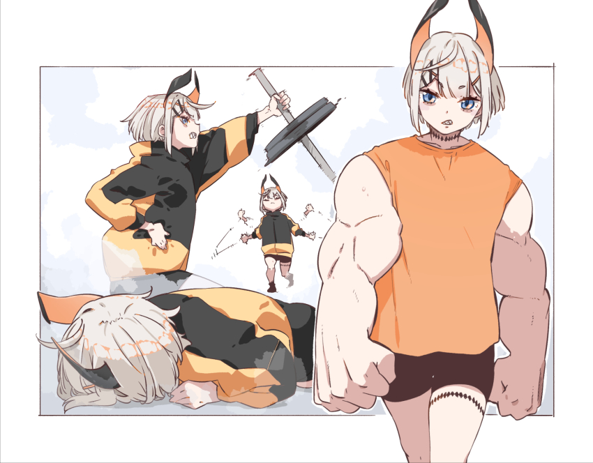 1girl afterimage aka_ume bags_under_eyes barbell black_choker black_jacket black_shorts blue_eyes choker commentary_request cosplay dust_cloud exercising face_down grey_hair grimace hair_ornament hairclip highres horns jacket jump_rope kick_back_(song) levi_elipha looking_at_viewer multicolored_jacket multiple_views muscular nijisanji orange_shirt outside_border oversized_limbs parody sharp_teeth shirt short_eyebrows short_hair shorts sleeveless sleeveless_shirt teeth thigh_strap track_jacket two-tone_jacket virtual_youtuber weightlifting x_hair_ornament yellow_jacket yonezu_kenshi_(person) yonezu_kenshi_(person)_(cosplay)
