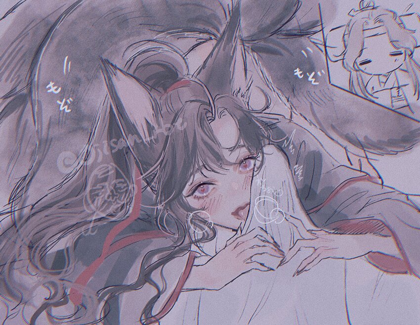 2boys ahoge animal_ears black_hair black_hanfu black_nails blush breath brown_hair bulge chibi chibi_inset chinese_clothes covered_penis erection erection_under_clothes eyelashes fellatio fingernails fox_boy fox_ears fox_tail hair_ribbon hanfu heart heart-shaped_pupils highres kemonomimi_mode kitsune kyuubi lan_wangji licking long_hair long_sleeves looking_at_viewer lying male_focus modao_zushi multiple_boys multiple_tails nail_polish ojisan_rbt on_bed on_stomach open_mouth oral ponytail pov pov_crotch purple_eyes red_ribbon ribbon robe sharp_fingernails sidelocks solo_focus symbol-shaped_pupils tail tongue tongue_out twitter_username watermark wei_wuxian white_hanfu wide_sleeves yaoi