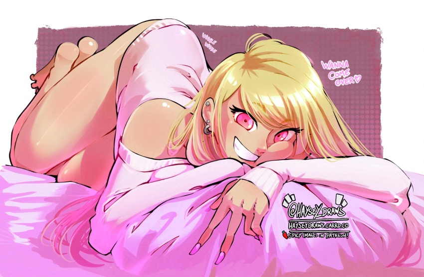 1girl absurdres bare_legs bare_shoulders barefoot blonde_hair border commentary ear_piercing english_commentary english_text grin haysey highres kitagawa_marin long_hair looking_at_viewer lying on_bed piercing pink_eyes pink_nails smile solo sono_bisque_doll_wa_koi_wo_suru twitter_username watermark web_address white_border