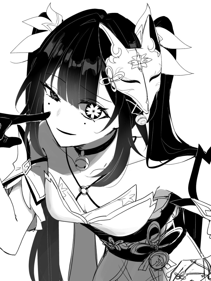 1girl absurdres bell black_choker butterfly-shaped_pupils choker flower-shaped_pupils fox_mask gloves haikure_3 highres honkai:_star_rail honkai_(series) mark_under_both_eyes mask mask_on_head neck_bell single_glove solo sparkle_(honkai:_star_rail) symbol-shaped_pupils