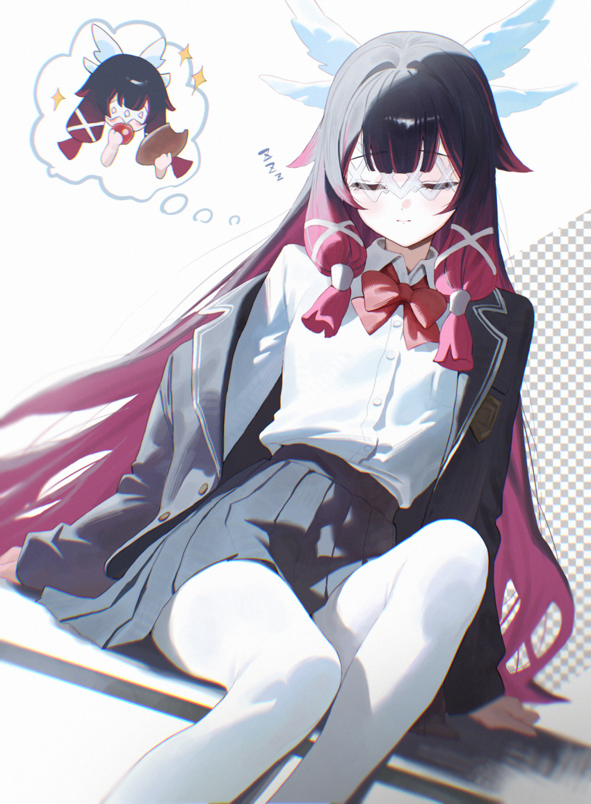 1girl alternate_costume apple black_hair black_jacket black_skirt bow bread closed_eyes closed_mouth collared_shirt columbina_(genshin_impact) commentary_request dreaming eating feathered_wings feet_out_of_frame food fruit genshin_impact gradient_hair head_wings highres holding holding_food jacket long_hair long_sidelocks multicolored_hair multiple_wings pantyhose pink_hair pleated_skirt red_bow senriyama shirt sidelocks skirt smile very_long_hair white_pantyhose white_shirt white_wings wings zzz