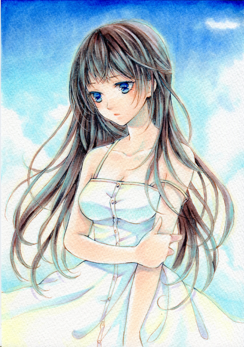 1girl absurdres amu_(m_aa) black_hair blue_eyes blue_sky breasts buttons closed_mouth commentary_request day dress hand_on_own_arm highres long_hair medium_breasts original outdoors painting_(medium) sky sleeveless sleeveless_dress solo strap_slip sundress traditional_media upper_body watercolor_(medium) white_dress