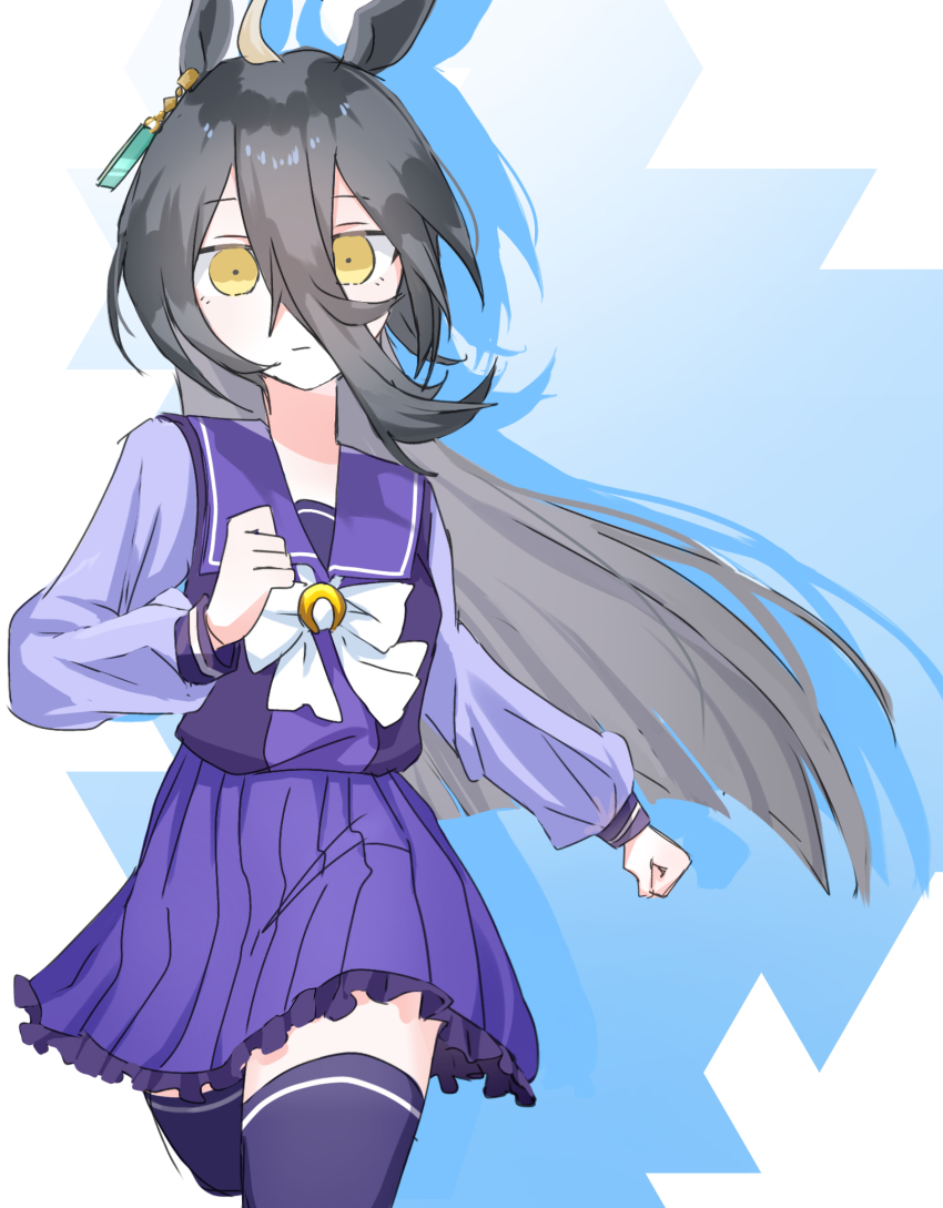 1girl ahoge animal_ears bow bowtie closed_mouth ear_tag earrings expressionless frilled_skirt frills gentil_uma_suki grey_hair hair_between_eyes hands_up highres horse_ears horse_girl jewelry long_hair long_hair_between_eyes long_sleeves manhattan_cafe_(umamusume) multicolored_hair pleated_skirt purple_sailor_collar purple_shirt purple_skirt purple_thighhighs red_eyes sailor_collar school_uniform shirt single_earring skirt solo thighhighs tracen_school_uniform umamusume very_long_hair white_bow white_bowtie yellow_eyes