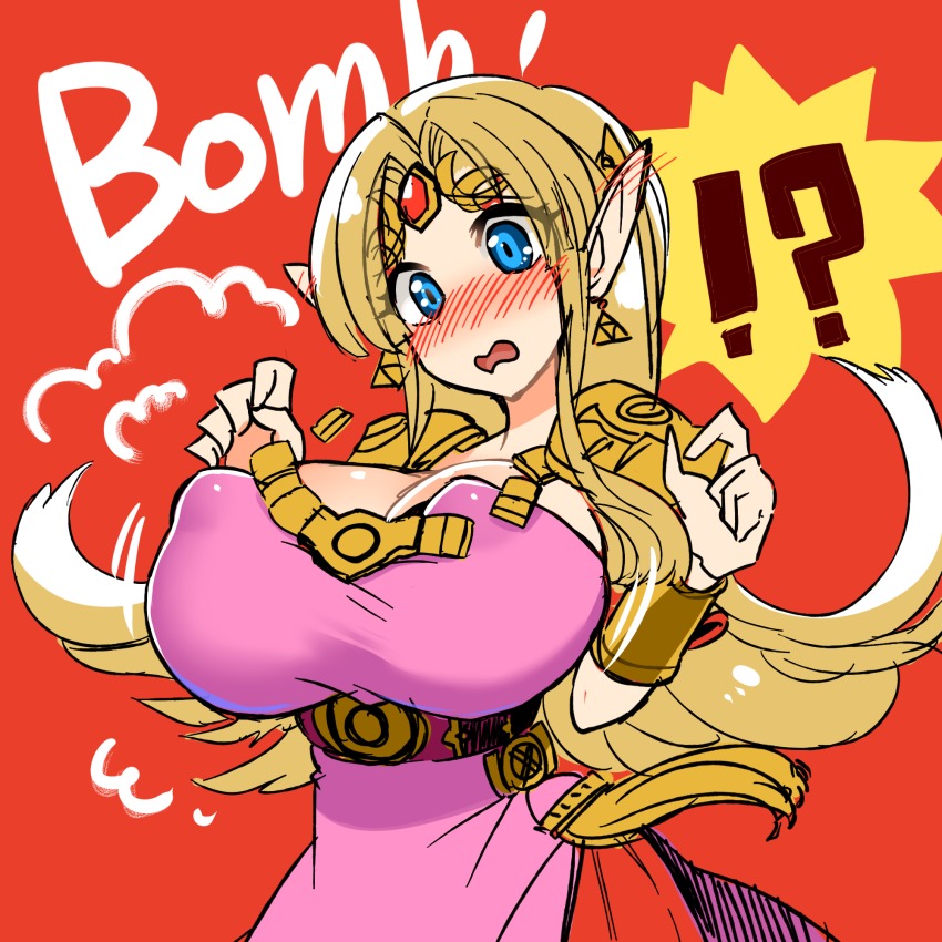 !? 1girl alternate_breast_size armor blonde_hair blush bracelet breast_expansion breasts cleavage covered_erect_nipples cowboy_shot dress ear_blush earrings embarrassed female_focus highres jewelry large_breasts long_hair nintendo open_mouth pointy_ears princess_zelda red_background shoulder_armor simple_background solo super_smash_bros. surprised tanpopo_hayabusa-maru the_legend_of_zelda tiara triforce wavy_mouth