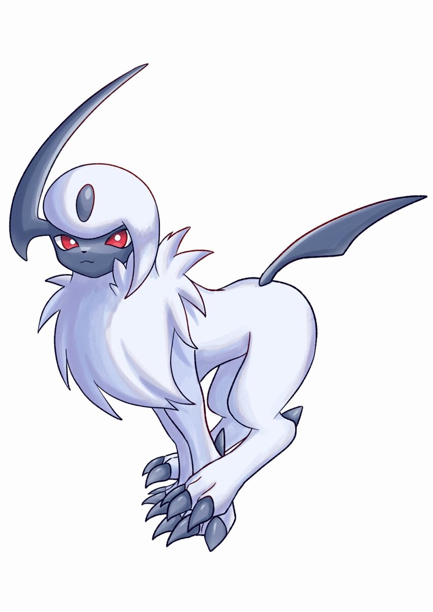 absol animal_focus claws closed_mouth forehead_jewel gen_3_pokemon highres horns nintendo no_humans pokemon pokemon_(creature) red_eyes simple_background single_horn smile solo soruva_359 white_background white_hair