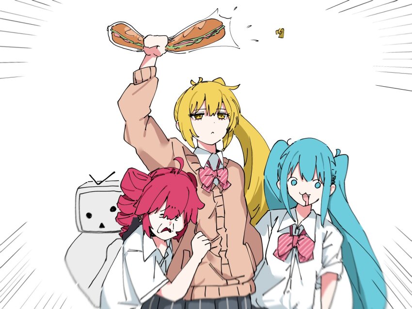 0_onibi 1other 2024_attempted_assassination_of_donald_trump 3girls ahoge akita_neru aqua_eyes aqua_hair arm_up blonde_hair bow bowtie bread brown_jacket card closed_mouth clothes_grab collared_shirt commentary drill_hair drooling emphasis_lines food frown grey_skirt hand_in_pocket hatsune_miku highres holding holding_food jacket kasane_teto long_hair mouth_drool multiple_girls niconico open_mouth parody red_hair shirt shirt_grab short_hair short_sleeves side_ponytail skirt terebi-chan triple_baka_(vocaloid) triple_ryuunen twin_drills twintails unamused upper_body utau vocaloid white_background white_shirt yellow_eyes